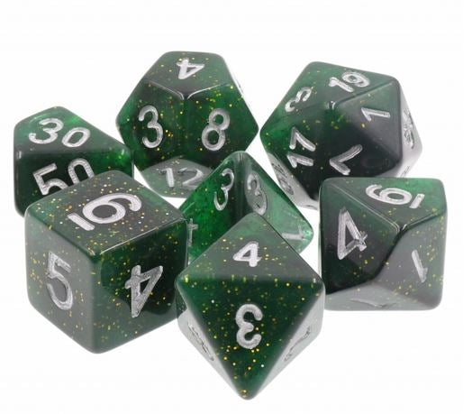 Green glitter dice set