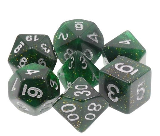 Green glitter dice set