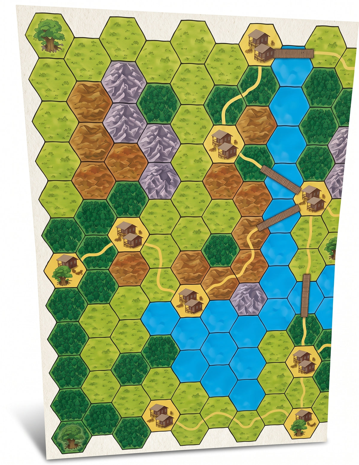 double-sided game board with hexagonal landscapes