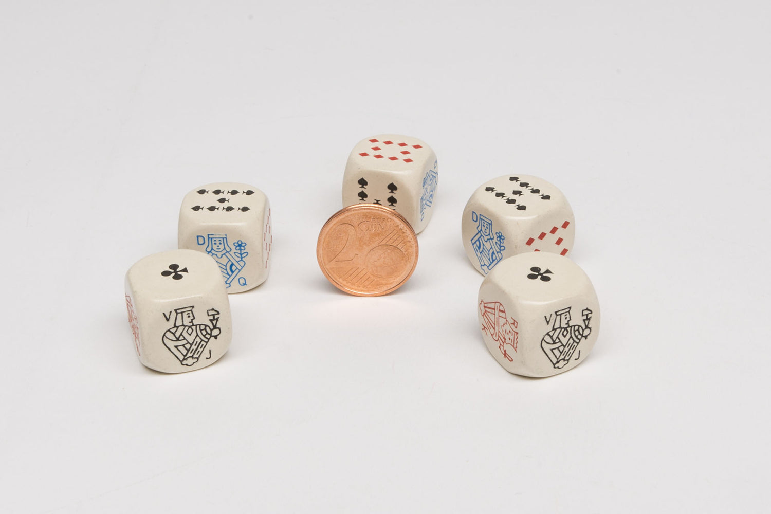 Set dice with imprint of card game