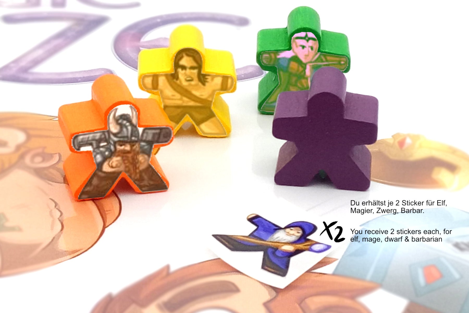 Meeples mit Aufklebern für Magic Maze