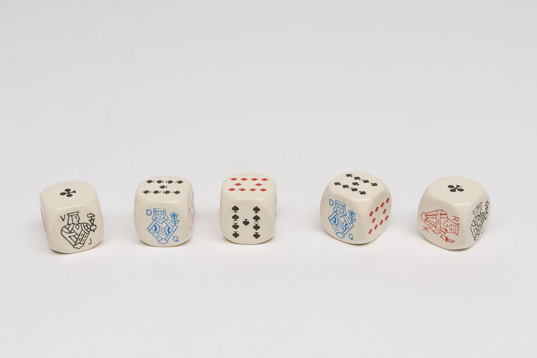 Set dice with imprint of card game
