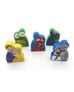 Spielsteine mit Aufkleber - Frosch, UFO, Paar, Maria, Ritter